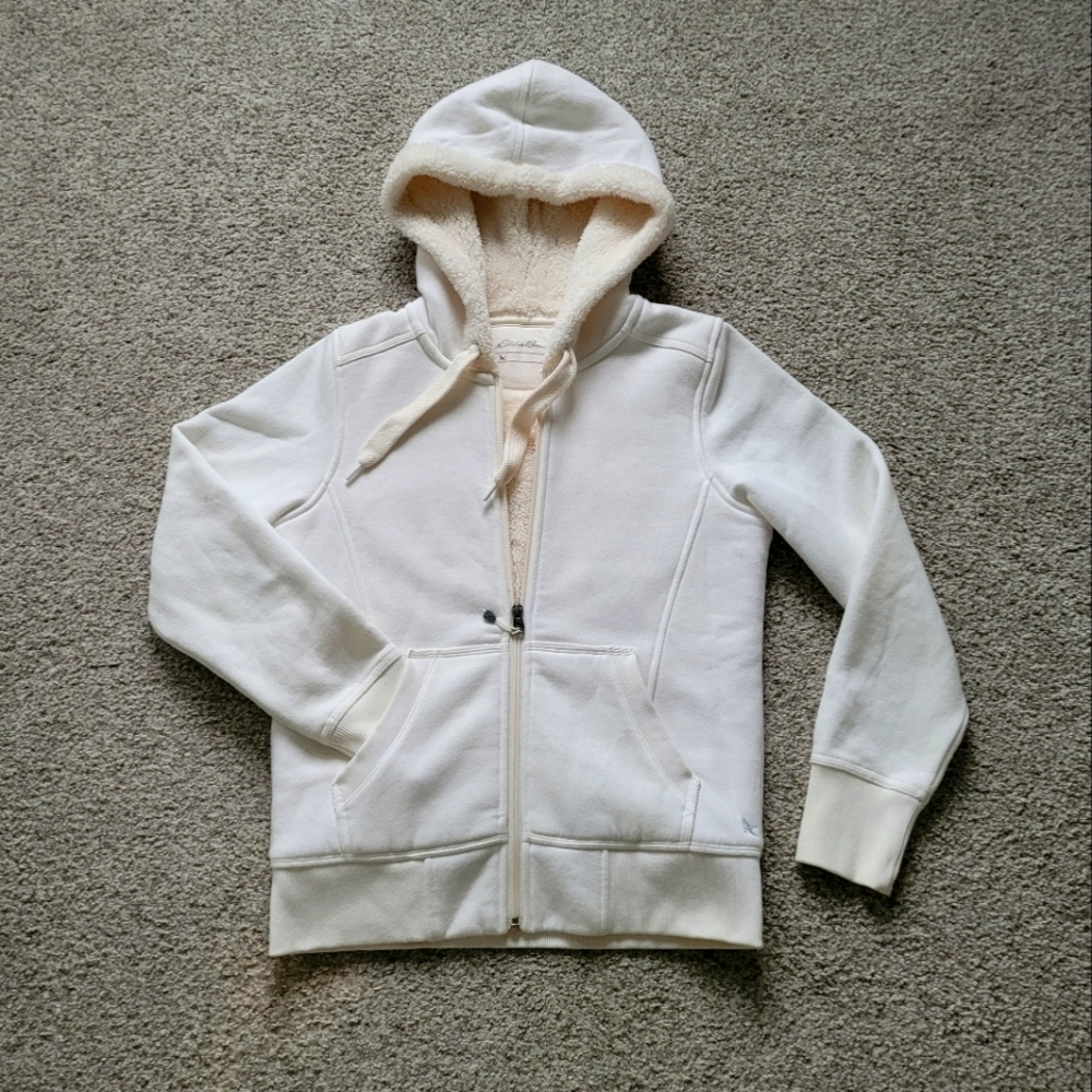 White Fleece Zip Up Hooded Jacket | Size Small | Eddie Bauer
